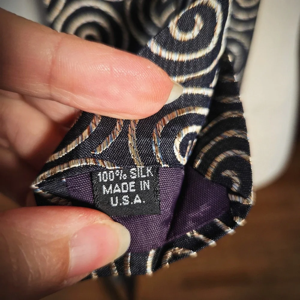Structure Silk Tie Vintage 90s Mens Black Silver Swirl Geometric Geometric USA
